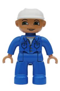Duplo Figure Lego Ville, Male, Blue Legs, Blue Top with Pockets, White Hat, Green Eyes 47394pb041