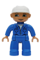 Male Duplo figure from Lego Ville wearing blue legs and a blue top with pockets, a white hat, and green eyes - 47394pb041