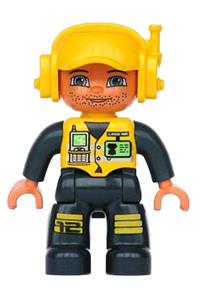 Duplo Figure Lego Ville, Male, Dark Blue Legs & Jumpsuit with Yellow Vest, Radio, ID Badge, Yellow Cap with Headset, Slight Smile 47394pb042