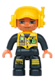 Male Duplo Figure from Lego Ville wearing dark blue legs and jumpsuit with yellow vest, cap with headset, with a radio and ID badge, and showing a slight smile - 47394pb042