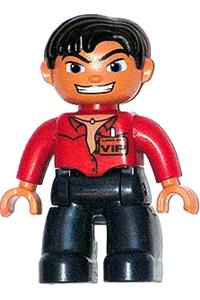 Duplo Male - Male Duplo figure from Lego Ville with dark blue legs, wearing a red top with an open collar and black messy hair, sporting a VIP badge - 47394pb043