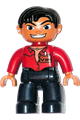 Duplo Figure Lego Ville, Male, Dark Blue Legs, Red Top with Open Collar, Black Messy Hair, VIP Badge - 47394pb043