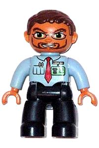 Duplo Male Airport Worker - A male Duplo figure in LEGO Ville attire with dark blue legs, wearing a light blue top with a red tie and ID badge, and reddish brown hair, beard, and glasses - 47394pb044