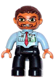 Duplo Figure Lego Ville, Male, Dark Blue Legs, Light Blue Top with Red Tie and ID Badge, Reddish Brown Hair, Beard, Glasses - 47394pb044