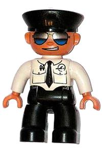 Duplo Male Pilot - Male pilot wearing a police hat, sunglasses, white top with airplane logo and black tie, and black legs - 47394pb045