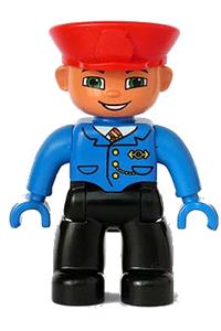 Duplo Figure Lego Ville, Male, Black Legs, Blue Jacket with Tie, Blue Hands, Red Hat, Smile with Teeth 47394pb046