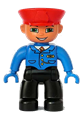 Duplo Figure Lego Ville, Male, Black Legs, Blue Jacket with Tie, Blue Hands, Red Hat, Smile with Teeth - 47394pb046