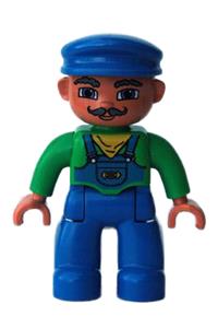 Duplo Figure Lego Ville, Male, Blue Legs, Green Top with Yellow Scarf, Blue Cap, Curly Moustache 47394pb048
