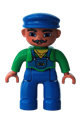 Duplo Figure Lego Ville, Male, Blue Legs, Green Top with Yellow Scarf, Blue Cap, Curly Moustache - 47394pb048