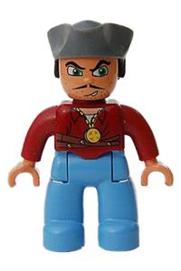 Duplo Figure Lego Ville, Male Pirate, Medium Blue Legs, Dark Red Top, Dark Bluish Gray Pirate Hat, Blue Eyes 47394pb050