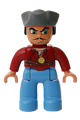 Lego Ville Duplo figure, male pirate with medium blue legs, dark red top, dark bluish gray pirate hat, and blue eyes - 47394pb050