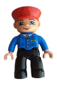 Duplo Figure Lego Ville, Male Train Conductor, Red Hat, Light Nougat Head and Hands, Smile with Closed Mouth, Blue Jacket with Tie, Black Legs 47394pb051