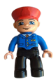 Duplo Figure Lego Ville, Male Train Conductor, Red Hat, Light Nougat Head and Hands, Smile with Closed Mouth, Blue Jacket with Tie, Black Legs - 47394pb051