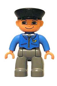 Duplo Male Post Office - Duplo Figure Lego Ville, Male Post Office, Dark Bluish Gray Legs, Blue Jacket with Mail Horn, Black Police Hat - 47394pb052