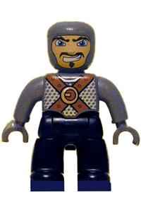 Duplo Figure Lego Ville, Male Castle, Black Legs, Dark Bluish Gray Chest with Brown Belts, Dark Bluish Gray  Arms, Dark Bluish Gray Hands 47394pb054