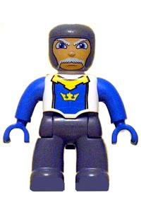 Duplo Male Castle - Castle-themed male Duplo figure with dark bluish gray legs, white chest, blue arms, and blue hands - 47394pb055