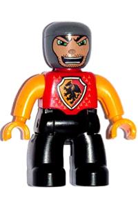 Duplo Figure Lego Ville, Male Castle, Black Legs, Red Chest with Dragon Shield, Bright Light Orange Arms and Hands, Stubble and Open Mouth 47394pb056