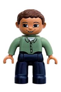 Duplo Figure Lego Ville, Male, Dark Blue Legs, Sand Green Top with Buttons, Reddish Brown Hair, Blue Eyes 47394pb058