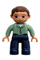 Duplo Figure Lego Ville, Male, Dark Blue Legs, Sand Green Top with Buttons, Reddish Brown Hair, Blue Eyes - 47394pb058