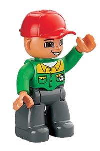 Duplo Figure Lego Ville, Male, Dark Bluish Gray Legs, Bright Green Button Down Shirt, Red Cap, Brown Eyes, Closed Mouth Smile 47394pb059