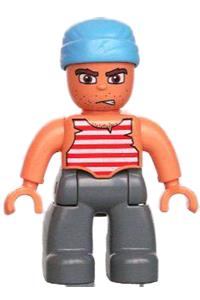 Duplo Male Pirate - Male Duplo Figure Lego Ville pirate with dark bluish gray legs, red and white striped top, and medium blue cloth wrap - 47394pb060