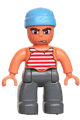 Duplo Figure Lego Ville, Male Pirate, Dark Bluish Gray Legs, Red and White White Striped Top, Medium Blue Cloth Wrap - 47394pb060