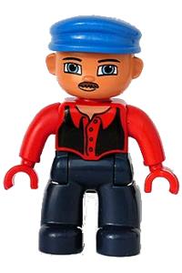 Duplo Figure Lego Ville, Male, Dark Blue Legs, Red Top with Black Vest, Blue Cap, Moustache 47394pb062