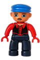 Duplo Figure Lego Ville, Male, Dark Blue Legs, Red Top with Black Vest, Blue Cap, Moustache - 47394pb062