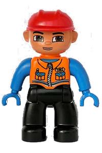 Duplo Figure Lego Ville, Male, Black Legs, Orange Vest with Two Pockets and Pen, Blue Hands, Red Construction Helmet 47394pb063