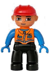 Duplo Male - Duplo Figure Lego Ville, Male, Black Legs, Orange Vest with Two Pockets and Pen, Blue Hands, Red Construction Helmet - 47394pb063