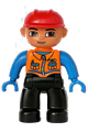 Duplo Figure Lego Ville, Male, Black Legs, Orange Vest with Two Pockets and Pen, Blue Hands, Red Construction Helmet - 47394pb063