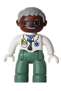 Duplo Figure Lego Ville, Male Medic, Sand Green Legs, White Top with Stethoscope, Light Bluish Gray Hair, Brown Head, Glasses, Moustache, White Hands 47394pb066