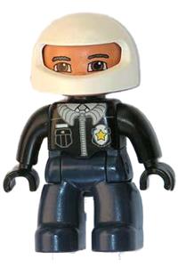 Duplo Male Police - Male police Duplo figure from Lego Ville wearing dark blue legs, black top with badge, black arms and hands, and a white helmet - 47394pb067