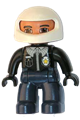 Duplo Figure Lego Ville, Male Police, Dark Blue Legs, Black Top with Badge, Black Arms and Hands, White Helmet - 47394pb067
