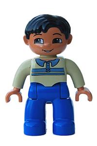 Duplo Figure Lego Ville, Male, Blue Legs, Tan Pullover with Buttons and Stripes, Black Hair, Brown Eyes, Nougat Hands 47394pb068
