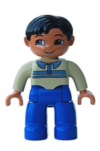 Duplo Male - Male Duplo figure in blue legs, tan pullover with buttons andtripes, black hair, brown eyes, and nougat hands - 47394pb068