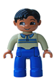 Male Duplo figure in blue legs, tan pullover with buttons andtripes, black hair, brown eyes, and nougat hands - 47394pb068