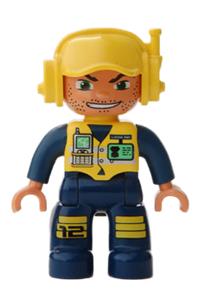 Duplo Figure Lego Ville, Male, Dark Blue Legs & Jumpsuit with Yellow Vest, Radio, ID Badge, Yellow Cap with Headset, Wide Smile 47394pb069