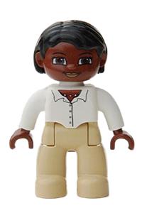 Duplo Figure Lego Ville, Female, Tan Legs, White Top with Buttons and Necklace, Black Hair, Brown Head 47394pb070