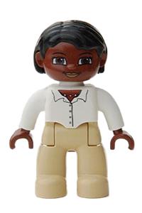 Duplo Female - Female Duplo Lego Ville figure with tan legs, white top with buttons and necklace, black hair, and brown head - 47394pb070