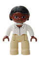 Female Duplo Lego Ville figure with tan legs, white top with buttons and necklace, black hair, and brown head - 47394pb070