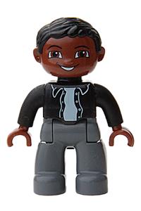 Duplo Male - Male Duplo Figure from Lego Ville with black hair, wearing black top with buttons, dark bluish gray legs, and brown head - 47394pb071