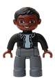 Male Duplo Figure from Lego Ville with black hair, wearing black top with buttons, dark bluish gray legs, and brown head - 47394pb071