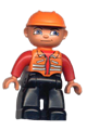 Male Duplo Figure Lego Ville wearing black legs, an orange vest, an orange construction helmet, and red hands - 47394pb072