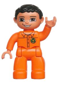 Duplo Male - Male Duplo figure from Lego Ville with orange legs, nougat hands, orange top with recycle logo, black hair, and blue eyes - 47394pb073