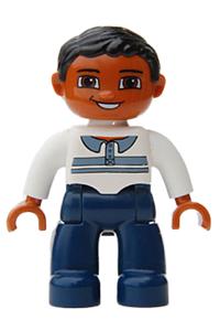 Duplo Figure Lego Ville, Male, Dark Blue Legs, White Top with Buttons and Stripes, Black Hair, Brown Eyes 47394pb074
