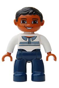 Duplo Male - Male Duplo figure from Lego Ville with dark blue legs, white top with buttons and stripes, black hair, and brown eyes - 47394pb074