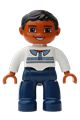 Duplo Figure Lego Ville, Male, Dark Blue Legs, White Top with Buttons and Stripes, Black Hair, Brown Eyes - 47394pb074