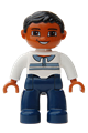 Male Duplo figure from Lego Ville with dark blue legs, white top with buttons and stripes, black hair, and brown eyes - 47394pb074