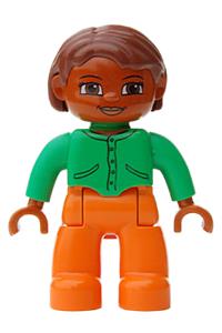 Duplo Figure Lego Ville, Female, Orange Legs, Bright Green Top with Buttons and Pockets, Reddish Brown Hair, Brown Eyes 47394pb075